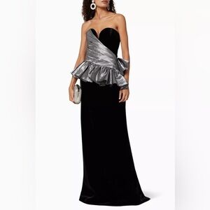NWT Rasario Black & Silver Metallic Silk & Velvet Draped Corset Gown FR34 (US 0)